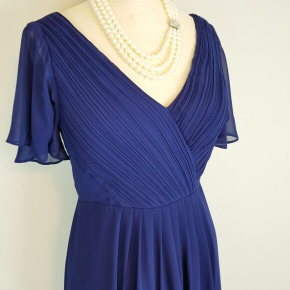 Navy Chiffon Pleated Empire Waist Midi High Low Hem Party Dress * Medium * NEW - Picture 6 of 14